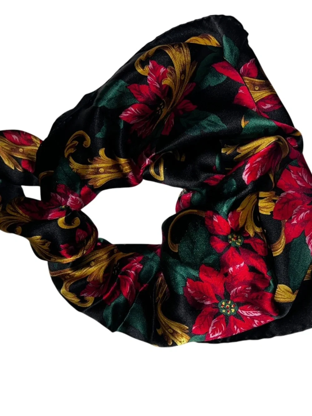 Bill Blass Vintage 100% Silk HOLIDAY red gold poinsettias floral scarf